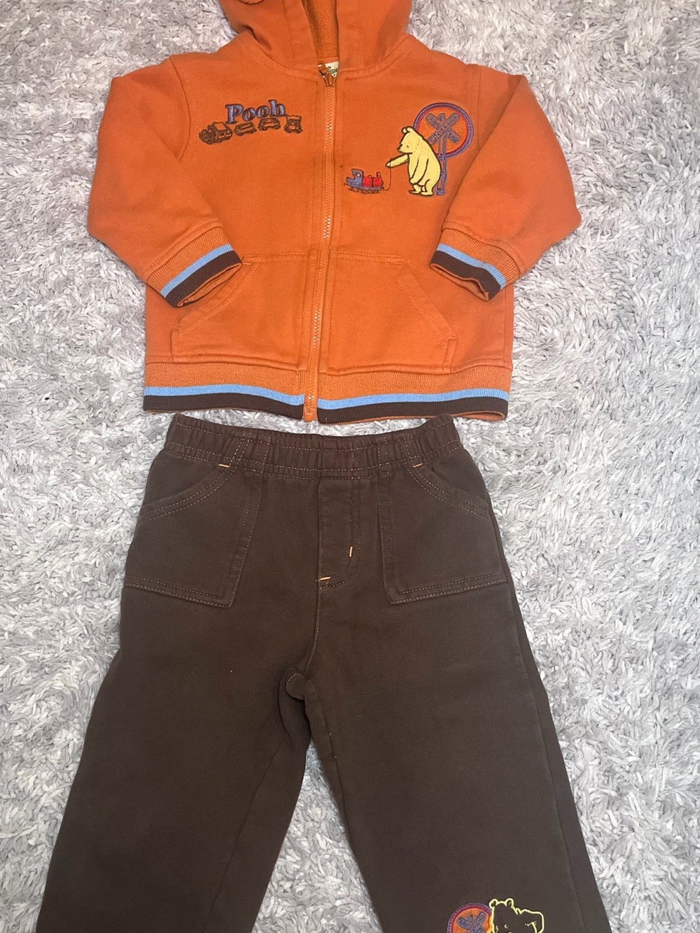 Y2K Winnie the Pooh Orange Zip Hoodie & Brown Pants Set